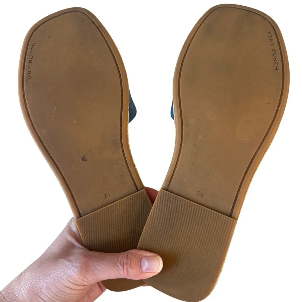 Tory Burch Blue‎ Suede Cork Slide Sandals Double T Logo Patent Sz 7.5